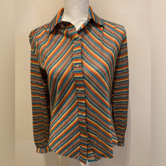 VTG Sparkling Rainbow Long Sleeve Button Women’s Sm Alice Stewart Dressy Blouse - Picture 1 of 10